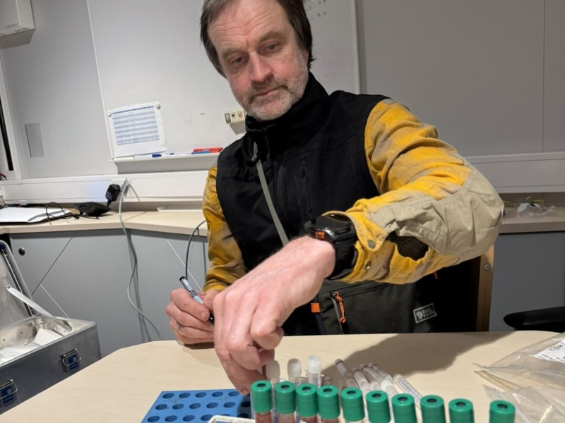 Isbjørnforsker Jon Aars merker blodprøver fra isbjørn etter dagens tur ut på isen.  