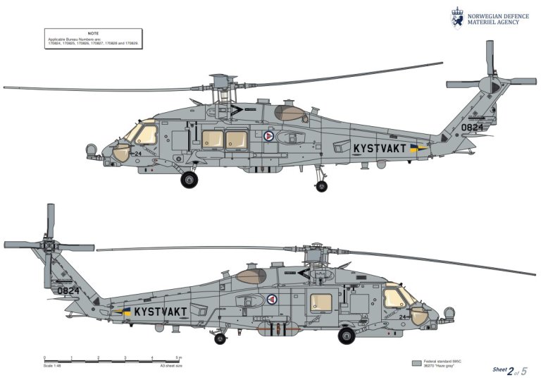 To tegninger av helikopteret, en fra hver side.